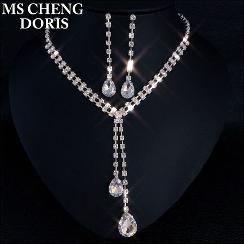 Ensemble De Boucles D'oreilles En Cristal Pour Femmes, Long Collier En Forme De Larme, Document Argent, Patients De Mariage, Demoiselle D'honneur, Fte Formelle, Ensemble De Bijoux De Rh