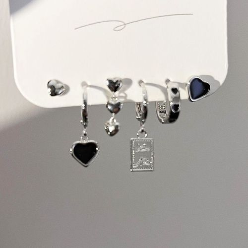 Ensemble De Boucles D'oreilles En Forme De CUr Pour Femmes, Lot De 6 Pices, En mail Noir, Pendentifs Carrs, Punk, Hip Hop, Boucle, Cool, Cadeaux De Fte