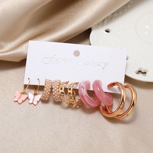 Ensemble De Boucles D'oreilles Papillon Perle Incruste, Boucles D'oreilles Croles, Cratif, Simple, Rose, Acrylique, En Forme De C, Rsine, Mode, Dcoration, Nouveau
