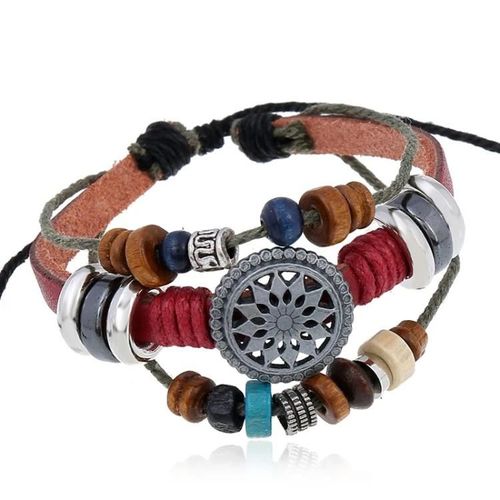 Ensemble De Bracelets En Perles En Cuir-Cuir Rouge Rtro & Argent Ancien-Cuir Rouge++Accessoires En Argent Ancien