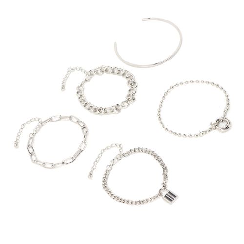 Ensemble De Bracelets Epais En Alliage A Maillons Cubains Reglables Pour Rappeur A La Mode, Style Hip-Hop, Argent