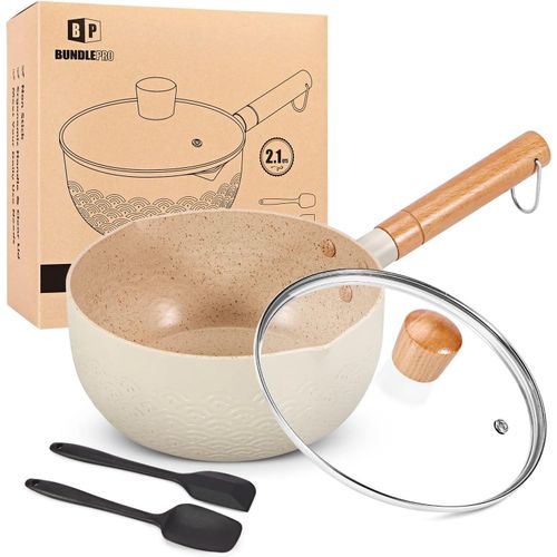 Ensemble De Casseroles De 2.1 L Avec Couvercle, Casserole  Sauce En Aluminium Antiadhsive, Compatible Avec Les Plaques  Induction, Avec Spatules En Silicone Pour Lait, Soupe, ?Uf, Riz (Beige)