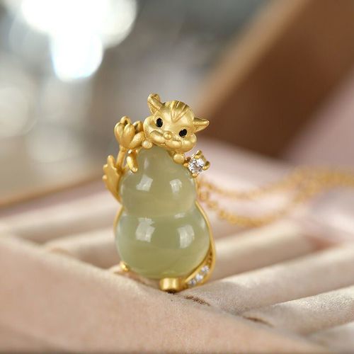 Ensemble De Collier Avec Pendentif En Argent Sterling S925, En Jade Gris Htian Incrust, Fu Lu Shou Gourde Fu Qi, Chane De Clavicule, Fe