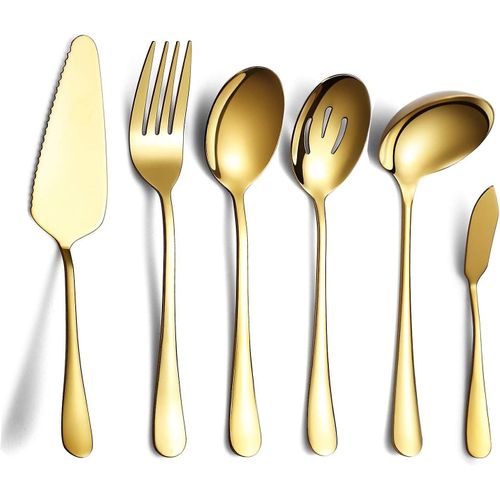 Ensemble De Couverts Dors 6 Pices, Comprenant Une Pelle  Gteau, Une Cuillre  Fente, Une Cuillre De Service, Une Fourchette  Viande Froide, Un Couteau  Beurre Et Une Louche  Soupe