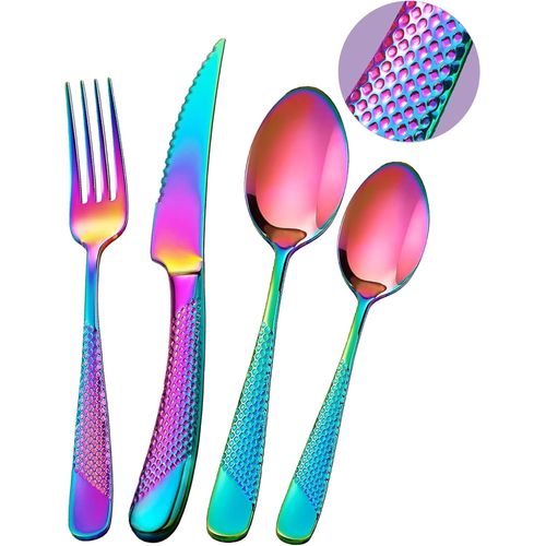 Ensemble De Couverts Modernes 24 Pices,Arc-En-Ciel Martel Couteaux Dentels 2-En-1 Ultra-Tranchants,Service En Acier Inoxydable 18/10 Set Pour 6 Personnes,Couteaux,Fourchettes,Cuillres