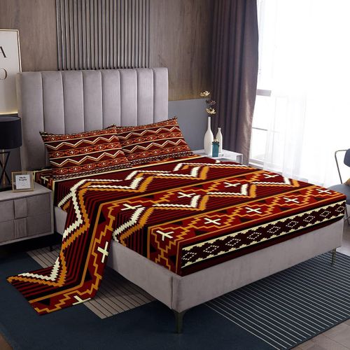 Ensemble De Draps A Rayures Boho Retro Orange, Draps A Rayures Avec Poche Profonde, Drap-Housse Ethnique Bohemia Pour Enfants