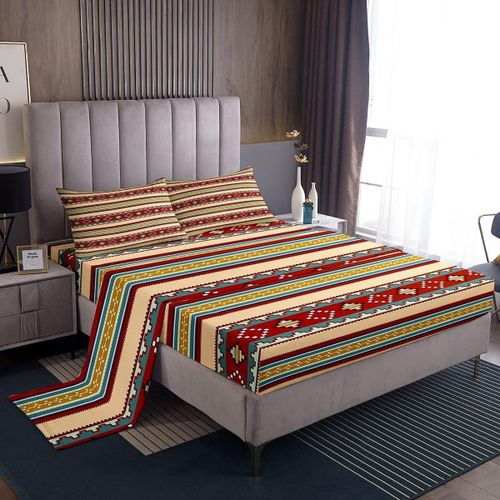 Ensemble De Draps A Rayures Ethniques Boho, Ensemble De Draps De Lit Bohemia Colores, Draps Ethniques Bohemia Avec Drap-Housse A Poche Profonde, Bande Boho