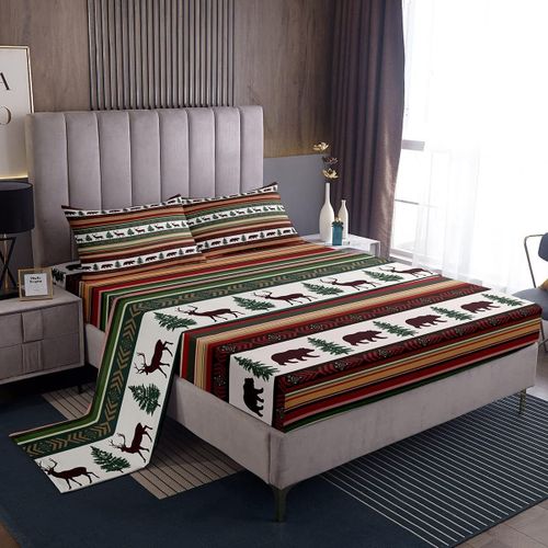 Ensemble De Draps A Rayures Style Boho Retro, Ensemble De Draps Bohemia, Rustique, Chalet, Lodge, Ours, Orignal, Avec Drap-Housse A Poche Profonde Pour