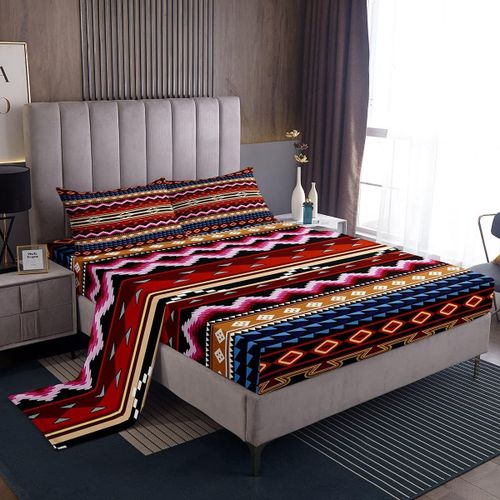 Ensemble De Draps Boho A Rayures, Drap-Housse Avec Poche Profonde, Style Ethnique Bohemia, Pour Enfants, Literie Coloree