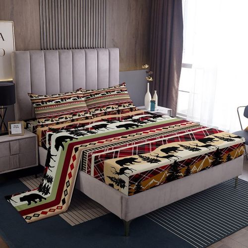 Ensemble De Draps Boho, Ensemble De Draps Rustiques, Chalet, Lodge, Ours, Orignal, Avec Drap-Housse A Poche Profonde, Pour Enfants, Ethnique Bohemia