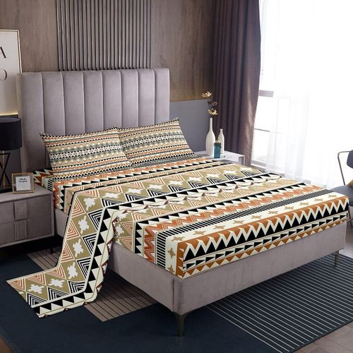 Ensemble De Draps De Lit Bohemia Colore, Ensemble De Draps Retro Orange Boho A Rayures Avec Poche Profonde, Drap-Housse, Decor De Chambre A Coucher B