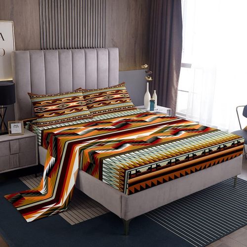 Ensemble De Draps De Lit Bohemia Retro Orange, Draps A Rayures Boho Avec Drap-Housse A Poche Profonde, Ensemble De Draps Ethnique Bohemia Pour Enfants Et Adultes