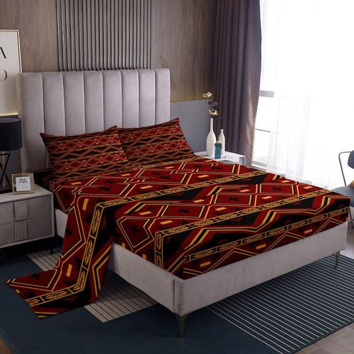 Ensemble De Draps De Lit Bohemia Rouge Noir, Draps A Rayures Boho Avec Drap-Housse A Poche Profonde, Ensemble De Draps Ethnique Bohemia Pour Enfants Et Adultes