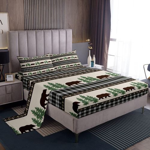 Ensemble De Draps De Lit Boho Noir Retro, Ensemble De Draps Bohemia Avec Drap-Housse A Poche Profonde Pour Enfants, Cabane Rustique Lodge Ours