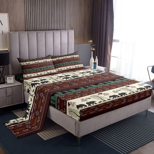 Ensemble De Draps De Lit Cerf Elan Ours, Ensemble De Draps Ethnique Bohemia Retro, Draps De Cabine Rustiques Avec Drap-Housse A Poche Profonde, Decoration De Chambre A Coucher