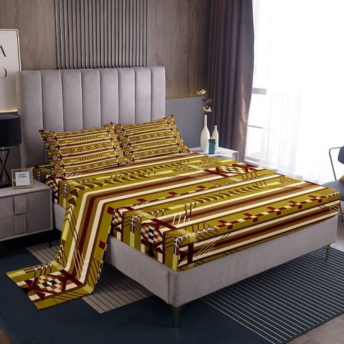 Ensemble De Draps De Lit Style Boho Retro, Draps Ethniques Bohemia Avec Drap-Housse A Poche Profonde, Ensemble De Draps A Rayures Style Boho Pour Enfants Et Adultes, Geometrie