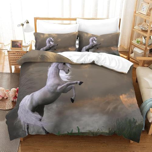 Ensemble De Housse De Couette 3 Pieces, Housse De Couette En Polyester Ultra Doux, Theme D'impression De Cheval 3d, Housse De Couette Avec Fermeture A Glissiere, Entretien Facile