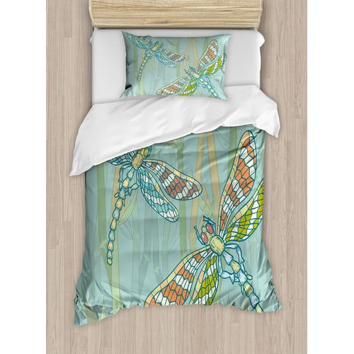 Ensemble De Housse De Couette Libellule, Libellule Gante De Style Doodle Sur Des Buissons De Lac, Image Artistique Exotique, Parure De Lit Avec Housses De Couette Et Taies D'o