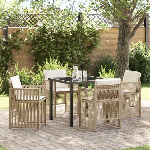 Ensemble De Jardin Vidaxl 5 Pices Avec Coussins Beige En Rattan Poly, Table De Jardin Vidaxl Noire 80x80x73 Cm En Verre Tremp