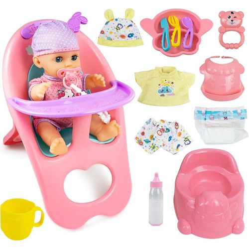 Ensemble de Jeu de Poupee Bebe avec Fonctions - Manger, Boire, Dormir, 18 Accessoires Poupon avec Poupe, Chaise Haute, Biberon, Ttine, Couches, Poupe Vtements.[G1010]