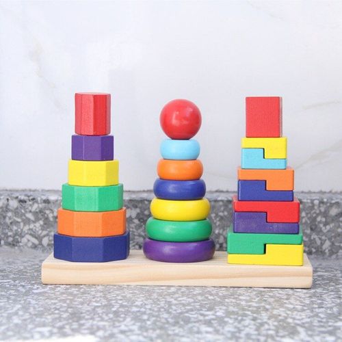 Ensemble De Jouets En Forme De Trois Colonnes Pour Bb, Tour Arc-En-Ciel, Blocs De Construction  Assembler Gomtriques En Bois, Cadeau ducatif Pour Enfant, Nouvelle Collection