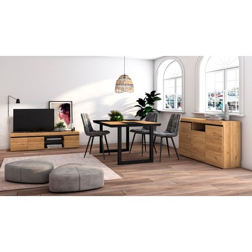 Ensemble De Meubles De Salon, Table 140 Bicolore Pieds U 6 Convives, Meuble Tv 160, Crdence - Buffet 140, Chne Et Noir, Style Industriel