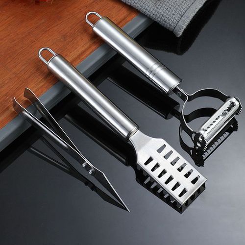 Ensemble De Rabot A cailles De Poisson En Acier Inoxydable Couteau A plucher Melon Rabot Pince A Plumes De Canard Rabot A Double Tete Cuisine Trois Pieces Petit Ensemble D'outils, Rabot A cailles De Poisson