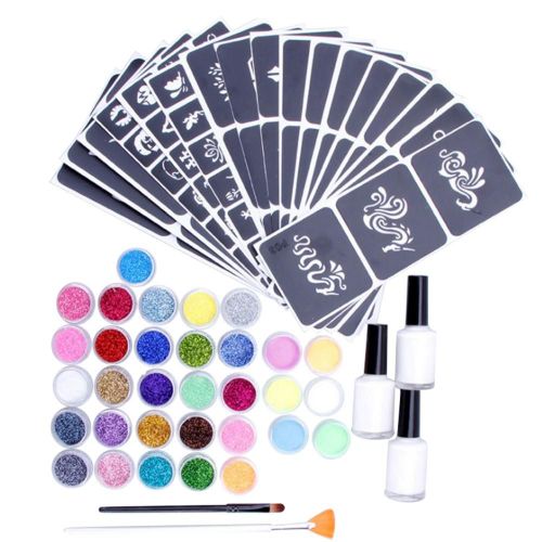 Ensemble De Tatouages Temporaires  Paillettes, Poudre  Paillettes, 104 Modles, Flash Diamant Pour Le Visage Et Le Corps, Outils D'art, 26 Documents