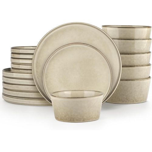 Ensemble De Vaisselle, 18 Pices En Grs Ensemble De Vaisselle 6 Personnes, mail Ractif Service De Table Avec Assiettes  Dessert Bols De Crales Assiettes Plates, Micro-Ondes, Styl Kaki
