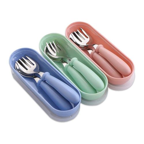 Ensemble De Vaisselle De B?B? Cuillres Fourchettes Avec Bote De Rangement, Pour Le Sevrage Et Apprendre  Utiliser Les Couverts (Bleu, Vert Et Rose)