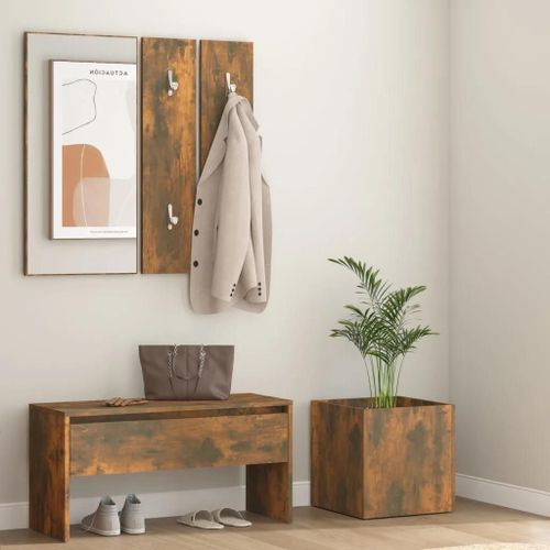 Ensemble Meuble D'entree En Chene Fume Bois D'ingenierie | Banc Avec Tiroir, Miroir Et Porte-Manteaux, Gain De Place, Multifonctionnel