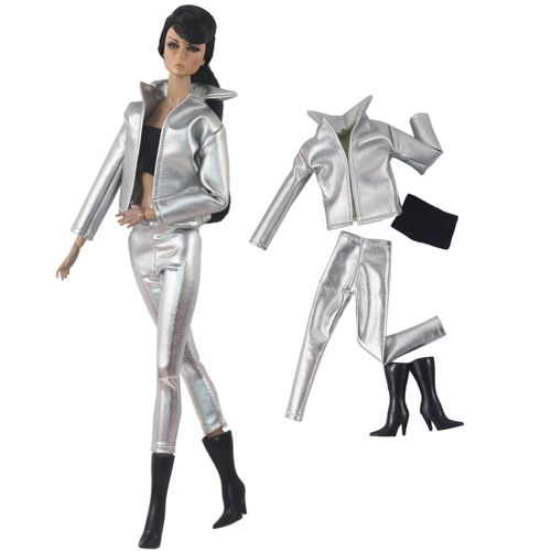 Ensemble pantalon et bottes en cuir de 4 pices - argent, vtements de poupe