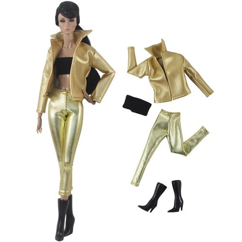 Ensemble pantalon et bottes en cuir de 4 pices - dor, vtements de poupe