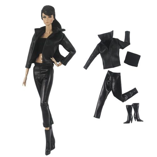 Ensemble pantalon et bottes en cuir noir, 4 pices, vtements de poupe, tenue de fte, 4 accessoires, pour poupes de mode, 30 cm,  partir de 4 ans