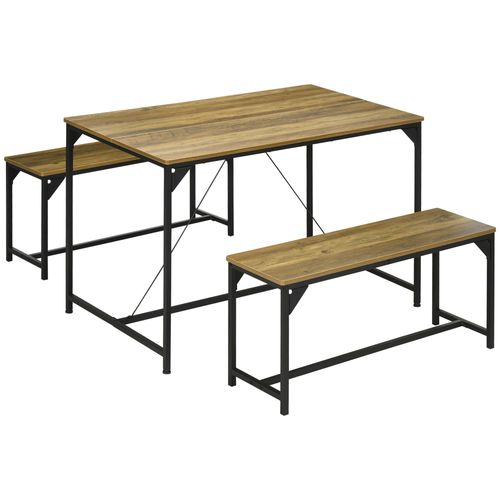 Ensemble Table  Manger Et 2 Bancs 4 Personnes Noir Aspect Bois Clair