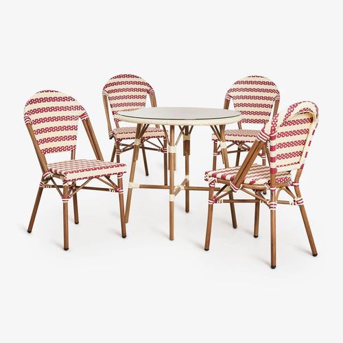 Ensemble Table Ronde 80 Cm Brielle Bistro Et 4 Chaises Empilables En Rotin Synthtique Et Aluminium Solange Bistro Beige Crme - Rouge Bordeaux