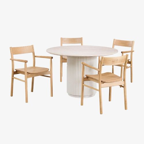 Ensemble Table Ronde Velia En Ciment Aspect Travertin (100 Cm) Et 4 Chaises De Salle  Manger En Bois De Chne Mara Signature Travertine