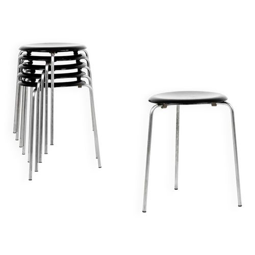 Ensemble Vintage De 6 Tabourets Dot En Noir Par Arne Jacobsen Pour Fritz Hansen 1964 Noir
