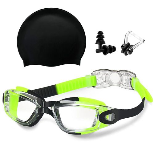 Ensembles De Lunettes De Natation Et Bonnets De Bain En Silicone Avec Bouchons D'oreilles  Pince-Nez,Lunettes De Scurit Impermables Sans Fuite,Anti-Bue,Protection Uv - Type Black Green