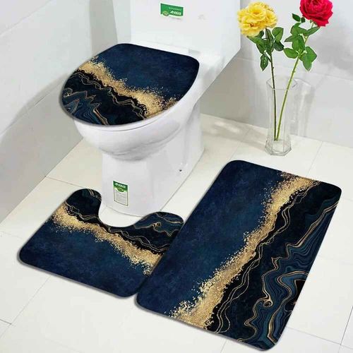 Ensembles De Tapis De Bain En Marbre Abstrait,Lignes Dores Gomtriques Modernes,Motif De Texture Bleue,Dcor De Salle De Bains,Tapis Antidrapant,Couvert - Type 5237k-3pcs Set-45x75cm-17.7x29.5in