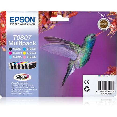 Epson Multipack T0807 (Colibri) - Pack 6 Cartouches D'encre - Noir, Jaune, Cyan, Magenta, Magenta Clair, Cyan Clair