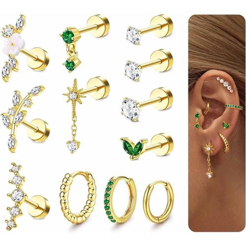 Ershi-12pcs 16g Piercing Helix Boucles D'oreilles Femme Acier Inoxydable Oreille Piercing Cartilage Or Argent Boucles D'oreilles C[3]