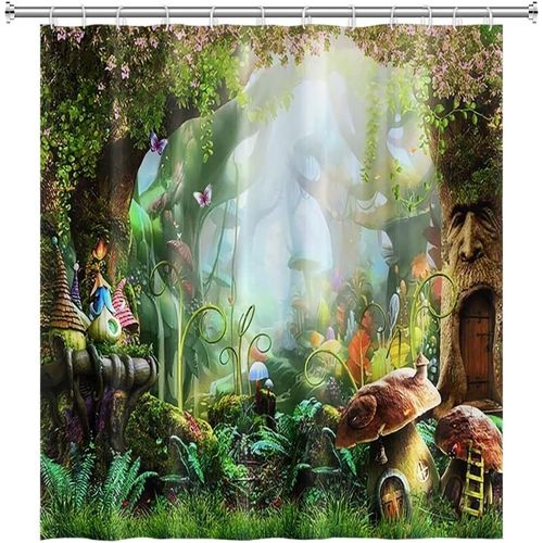 Ershi-152x183cm Conte De Fe Champignon Rideau De Douche - Magie Fantaisie Fort Jungle Arbre Bain Vert Gazon Feuille Floral Pour [1