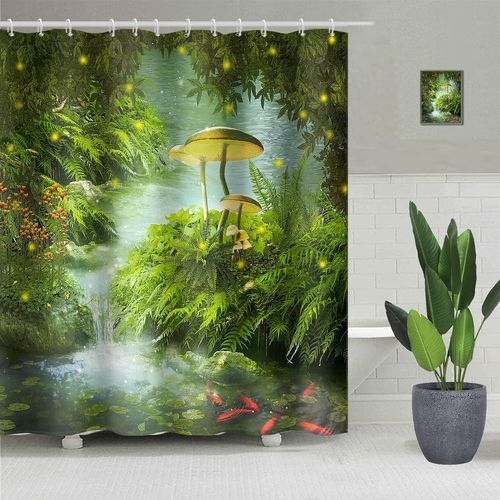 Ershi-180x180cm Rideau De Douche Fe Fort - Magie Fantaisie Champignon Vert Gazon Arbre Feuilles - Zen Rivire Baignoire Polyeste[1
