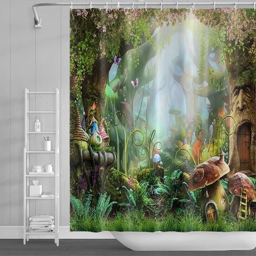 Ershi-180x243cm Conte De Fe Champignon Rideau De Douche - Magie Fantaisie Fort Jungle Arbre Bain Vert Gazon Feuille Floral Pour [1
