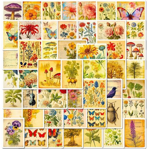 Ershi-50 Scrapbooking Autocollant Fleur, Champignons, Oiseaux, Papillons, Arbres, Poisson, Jaune, 5 Cm[1407]