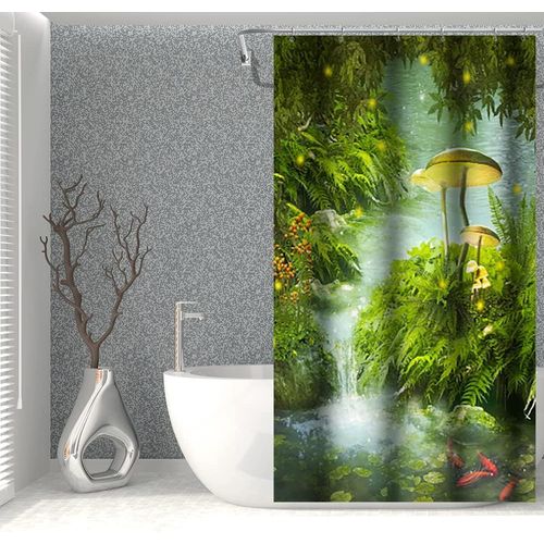 ERSHI-90x183cm Fe Fort Rideau de Douche - Magie Fantaisie Champignon Vert Gazon Arbre Feuilles