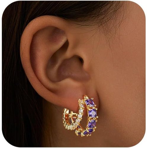 Ershi-Boucles D'oreilles Croles Doubles En Or Pour Femme, Boucles D'oreilles Carres En Zircone Cubique Plaques Or 14 Carats, Bi[813]