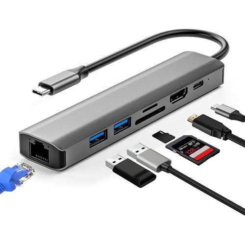 ERSHI-Hub USB C 7 en 1, Adaptateur USB C vers Ethernet LAN RJ45, HDMI 4K, PD 100W, Port USB 3.0 2.0, Lecteur de Carte SD TF, Adapt[896]