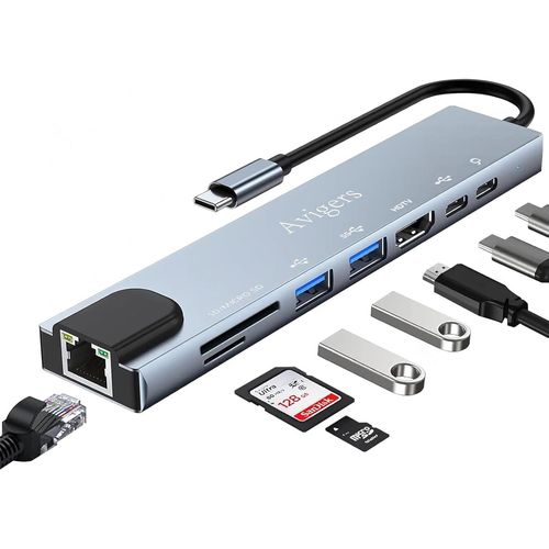 ERSHI-Hub USB C, 8 en 1 Adaptateur USB C avec RJ45 Ethernet, 4K HDMI, 100W PD, Lecture de Carte SD/TF, 2 Ports USB 3.0, Type C Ada[905]